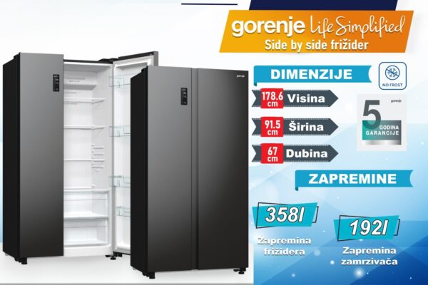 Frižider kombinovani Gorenje side by side, 5 godina garancija