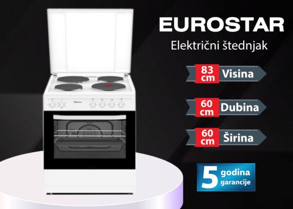 Štednjak električni širina 60cm Eurostar, 5 godina garancija