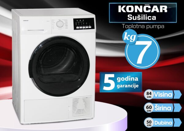 Sušilica sa toplotnom pumpom Končar, kapacitet 7kg, 5 godina garancija