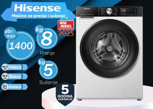 Veš mašina+sušilica Hisense, 5 godina garancija