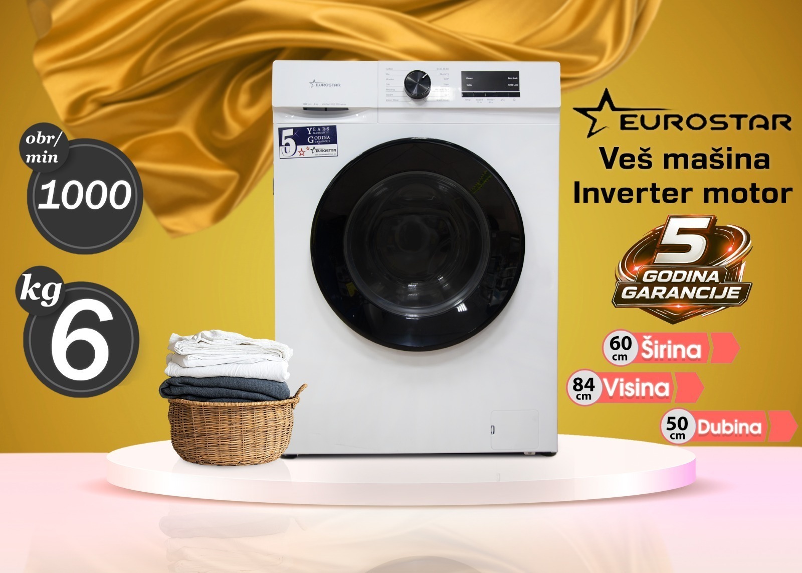Veš mašina Eurostar, kapacitet 6kg, 1000 obrtaja, inverter motor