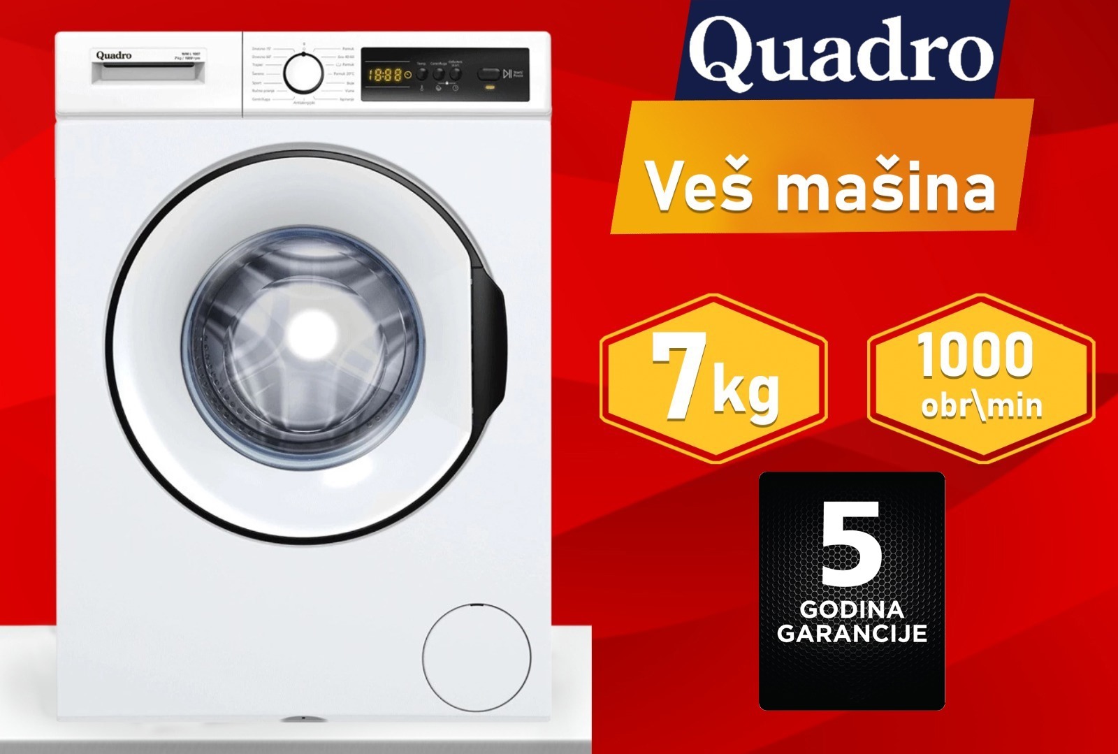 Veš mašina Quadro, kapacitet 7kg, 1000 obrtaja, 5 godina garancija
