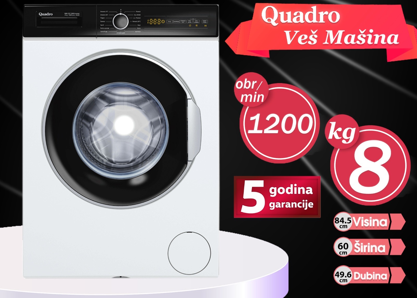 Veš mašina Quadro, kapacitet 8kg, 1200 obrtaja, 5 godina garancija